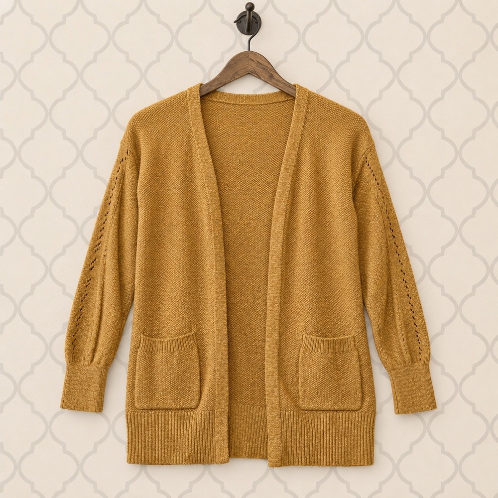 Olive + Oak Cardigan Pointelle Sleeve Open Front Mustard Gold Size M